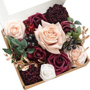 Burgundy Artificial Flowers and Greenery Mini Combo Box Set, Marsala & Blush Fak